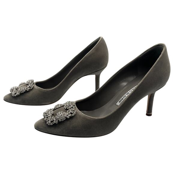 Manolo Blahnik Hangisi Swarovski Crystal Velvet Pointed Toe Pumps Heels Gray 7 - Picture 5 of 12